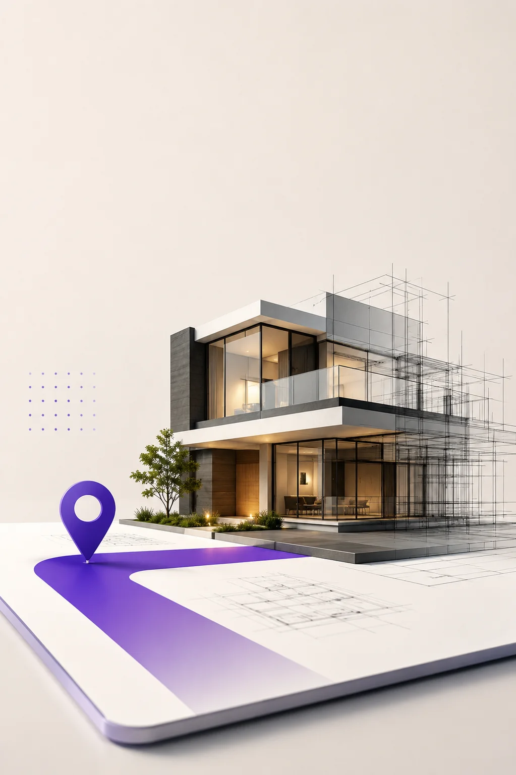 Modern residential property model with location pin on architectural plans
