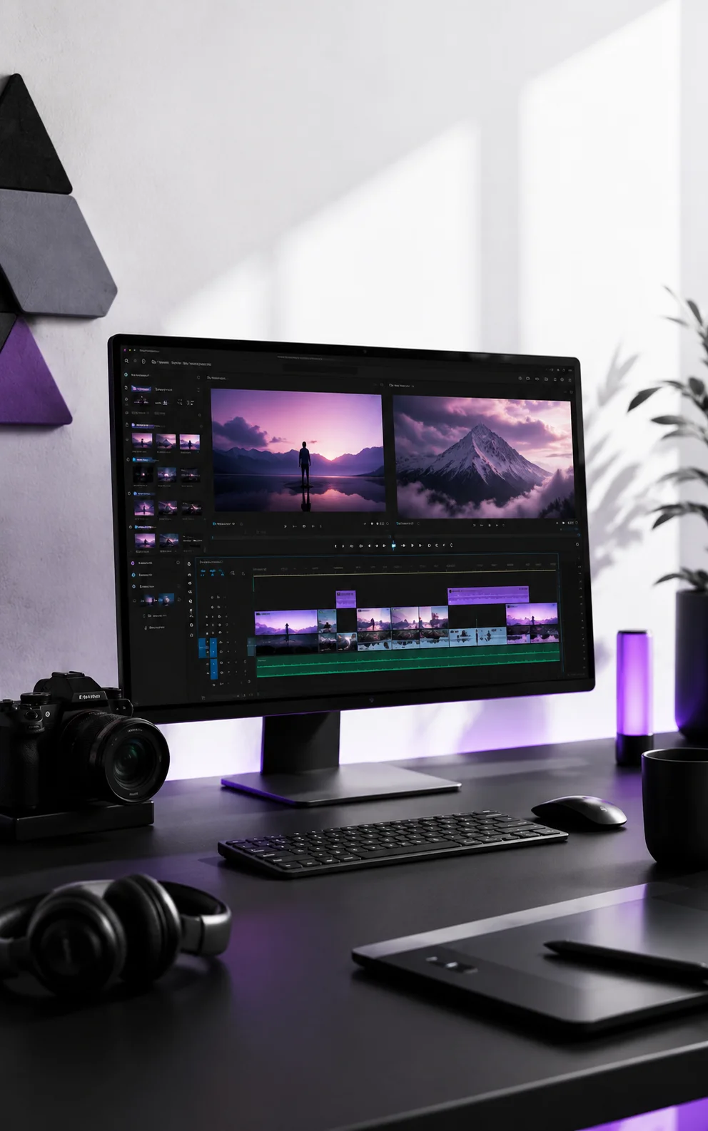 Video editing workstation with timeline, monitor, camera, and violet ambient lighting