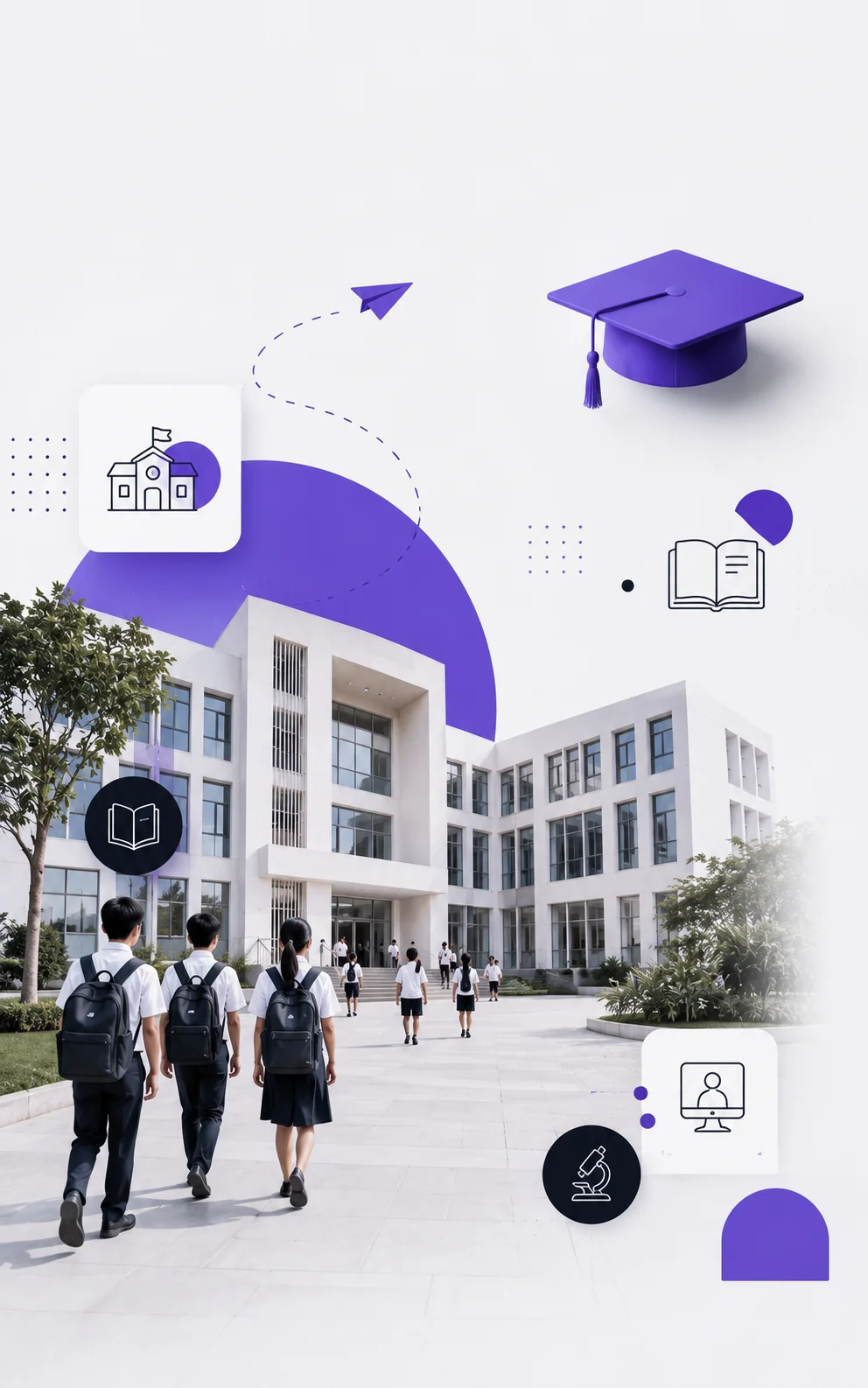 Modern school campus with students and education icons