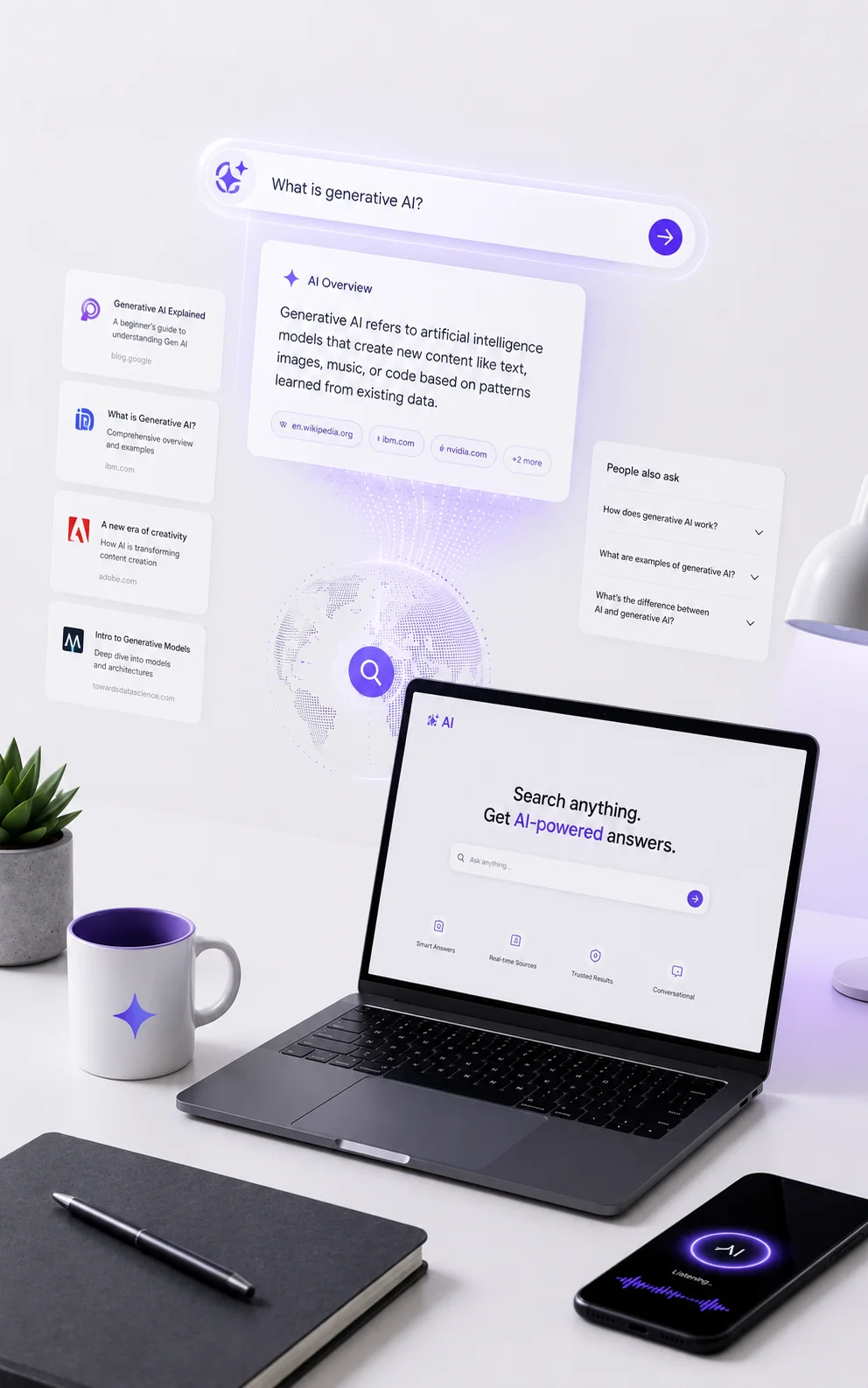 Laptop and smartphone on a desk showing an AI-powered search interface with generative AI answers, source citations, and a violet radial glow