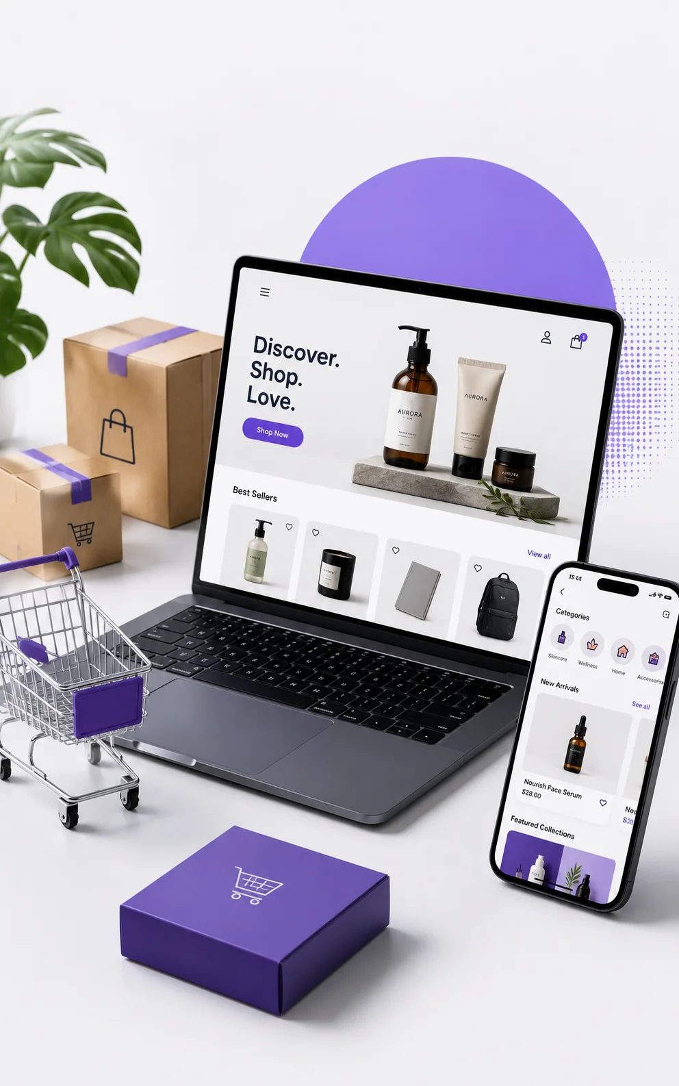 E-commerce store mockup on laptop and phone with shopping cart and packages