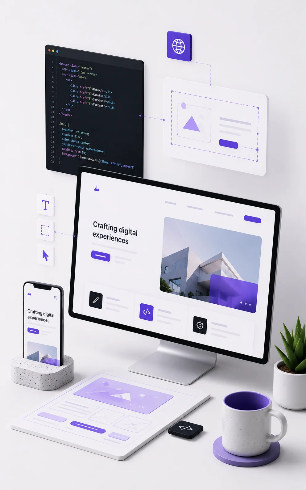 Website development workspace with responsive design mockups on desktop and mobile, code editor, and violet UI accents