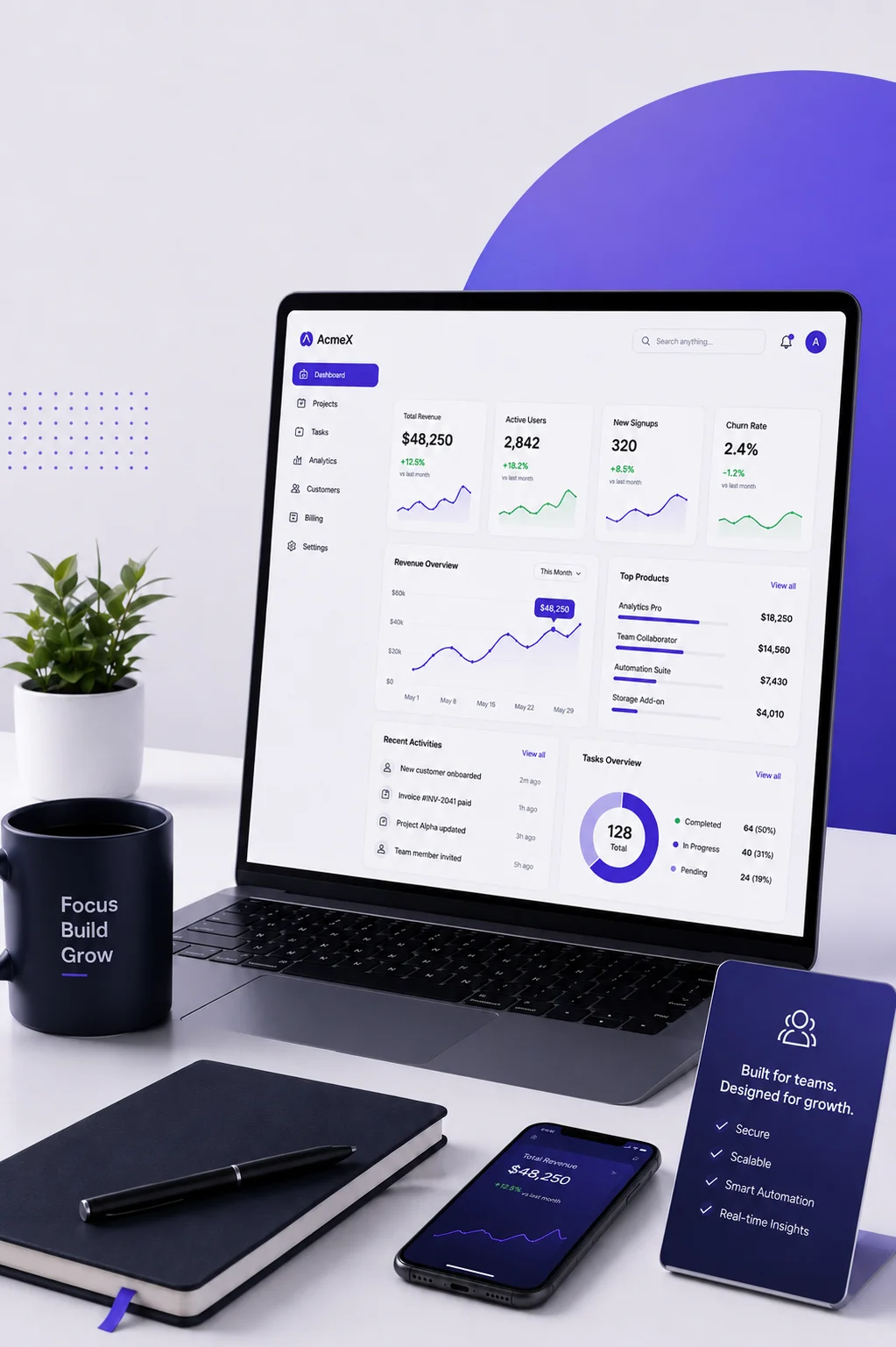 SaaS dashboard mockup on laptop and phone with revenue analytics